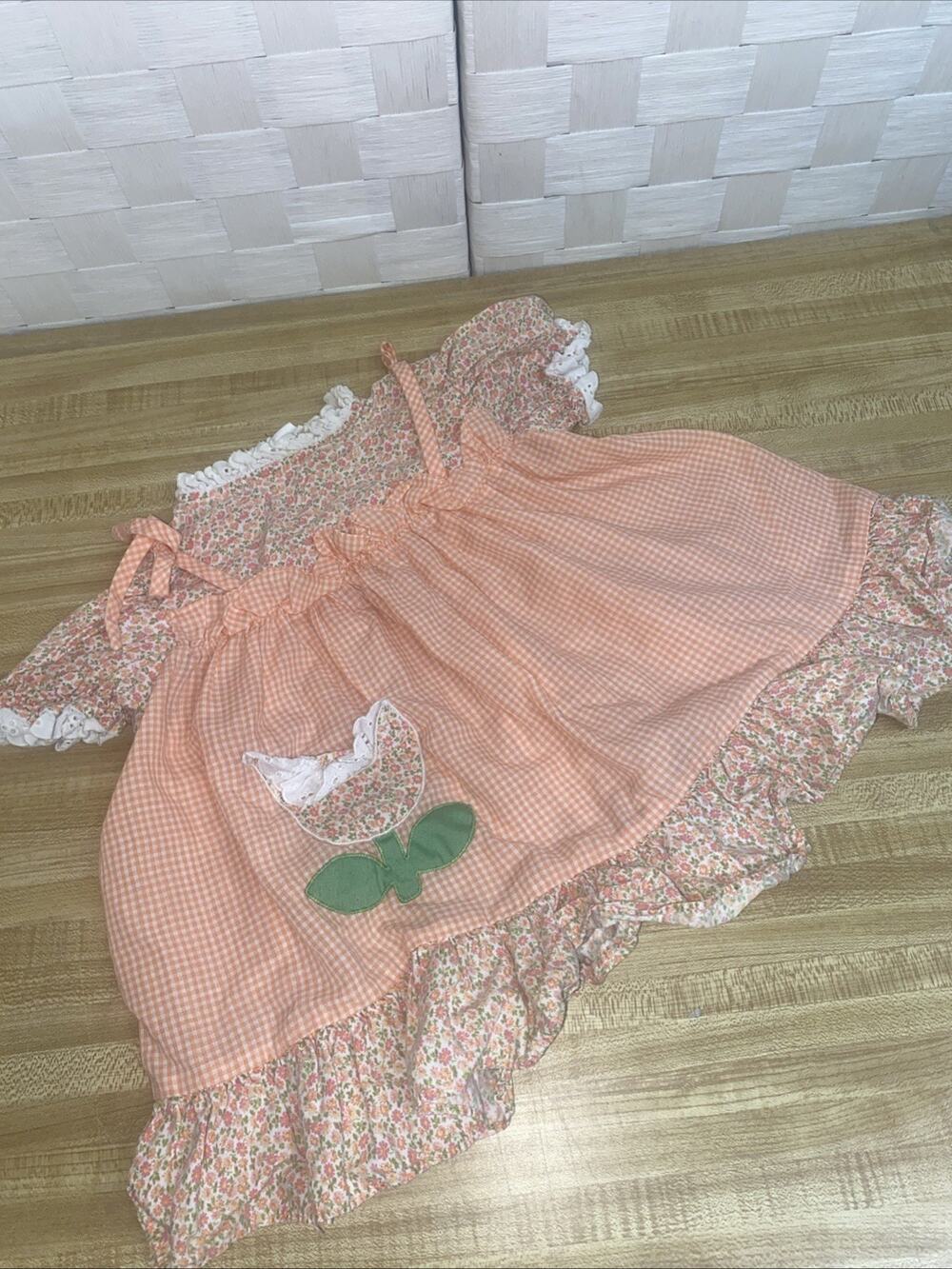 Vintage Toddle Time Girl’s Peach Gingham Floral Prairie Cottagecore Sz 2T